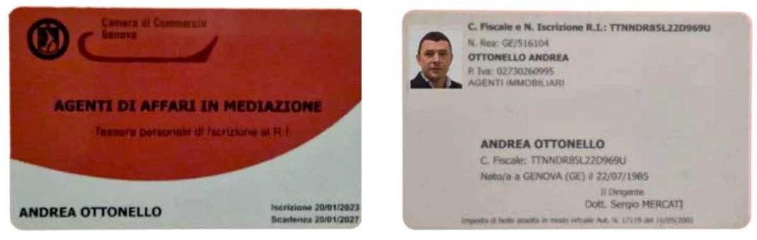 Tessera di Agente di Affari in Mediazione, Camera di Commercio di Genova, e tessera di iscrizione di Andrea Ottonello