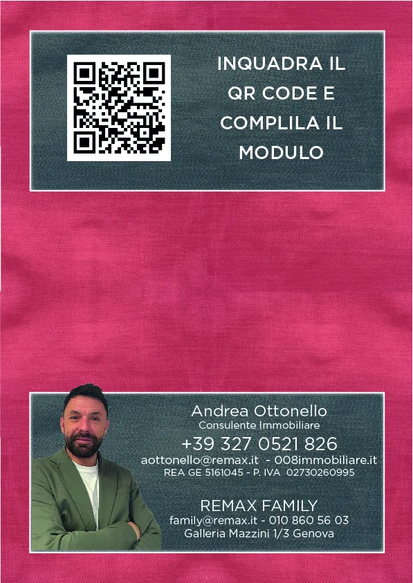 Pagina 4: inquadra il QR code e compila il modulo. Contatti di Andrea Ottonello, consulente immobiliare RE/MAX Family, Galleria Mazzini 1/3 Genova, telefono +39 327 052 1826.