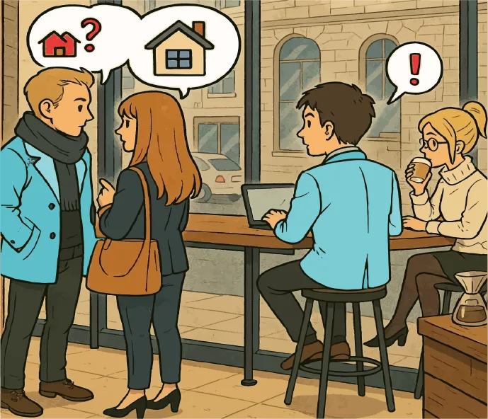 Disegno: persone al bar che parlano di una casa da vendere
